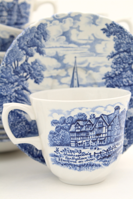 photo of Shakespeare's Country vintage blue & white English transferware china tea cups & saucers #6