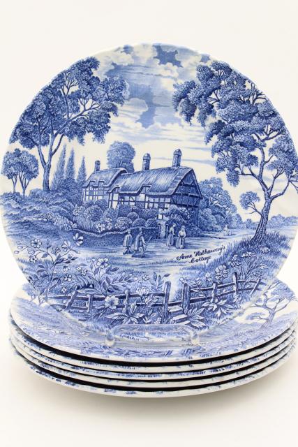 photo of Shakespeare's Country vintage blue & white English transferware plates, Anne Hathaway's cottage #2