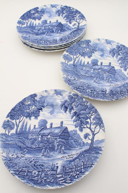 photo of Shakespeare's Country vintage blue & white English transferware plates, Anne Hathaway's cottage #4