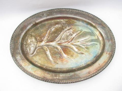 photo of Sheffield plate vintage silver over brass, two huge roast game or turkey platters #2