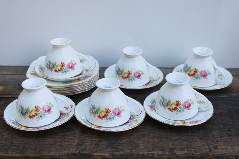 photo of Shelley Davies tulip floral Windsor pattern bone china, vintage tea cups & saucers, square plates set for 6  #4
