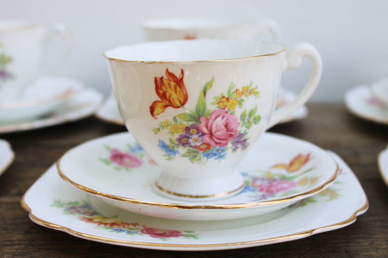 photo of Shelley Davies tulip floral Windsor pattern bone china, vintage tea cups & saucers, square plates set for 6  #5