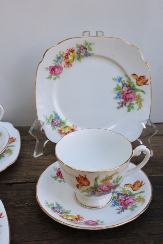 photo of Shelley Davies tulip floral Windsor pattern bone china, vintage tea cups & saucers, square plates set for 6  #6