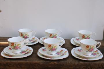 Shelley Davies tulip floral Windsor pattern bone china, vintage tea cups & saucers, square plates set for 6 
