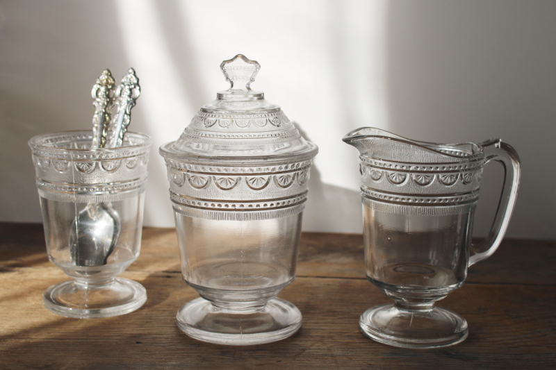 photo of Sheraton pattern EAPG table set, antique pressed glass sugar bowl w/ crown finial, creamer, spoon holder  #1