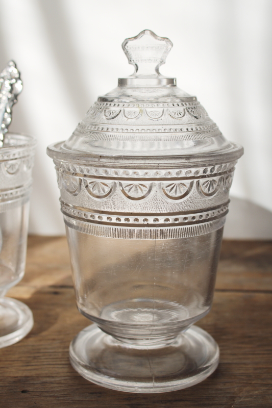photo of Sheraton pattern EAPG table set, antique pressed glass sugar bowl w/ crown finial, creamer, spoon holder  #2