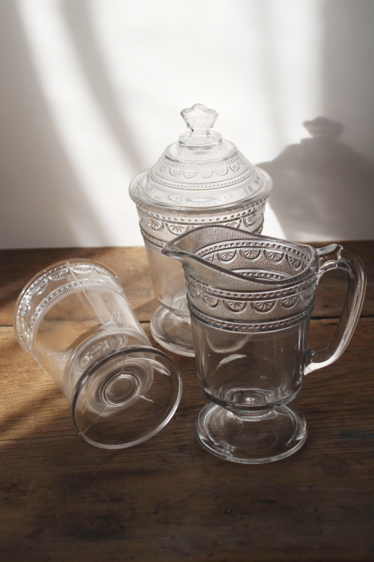 photo of Sheraton pattern EAPG table set, antique pressed glass sugar bowl w/ crown finial, creamer, spoon holder  #6