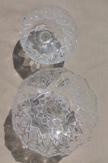 photo of Shoshone pattern glass compote bowls large & small, vintage EGPG floral diamond  #10