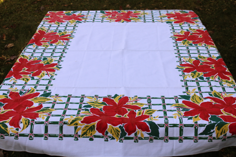photo of Simtex vintage kitchen tablecloth, MCM flowered print, hibiscus Florida Christmas red, green, chartreuse #2
