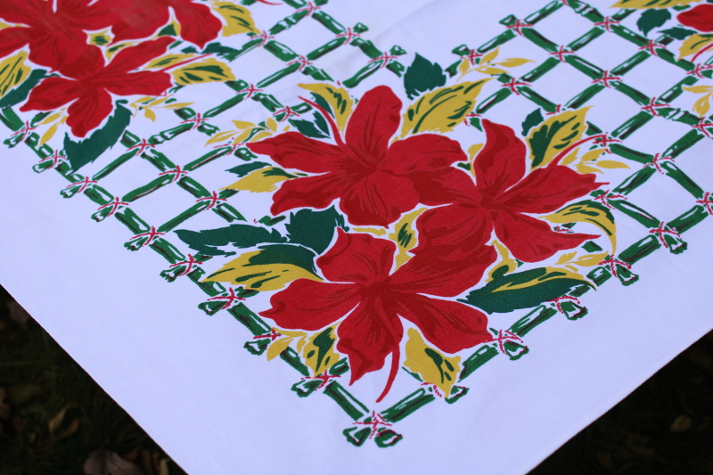 photo of Simtex vintage kitchen tablecloth, MCM flowered print, hibiscus Florida Christmas red, green, chartreuse #3