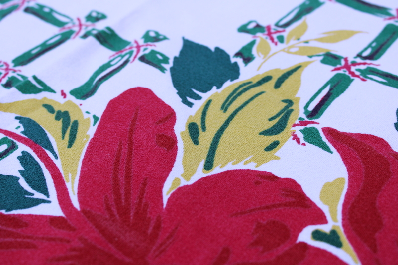 photo of Simtex vintage kitchen tablecloth, MCM flowered print, hibiscus Florida Christmas red, green, chartreuse #4