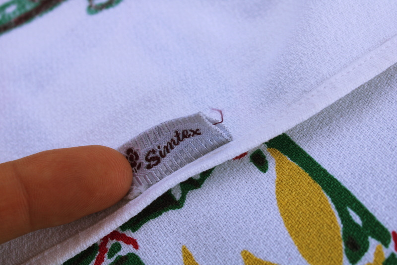 photo of Simtex vintage kitchen tablecloth, MCM flowered print, hibiscus Florida Christmas red, green, chartreuse #5