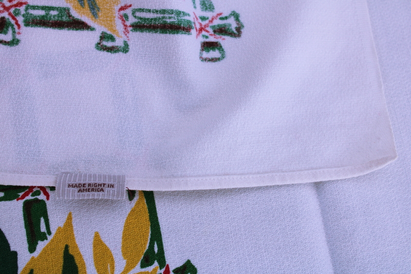 photo of Simtex vintage kitchen tablecloth, MCM flowered print, hibiscus Florida Christmas red, green, chartreuse #6