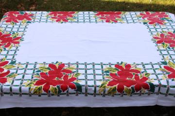 Simtex vintage kitchen tablecloth, MCM flowered print, hibiscus Florida Christmas red, green, chartreuse 