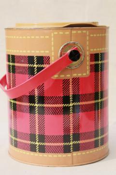 catalog photo of Skotch Kaddy 1950s vintage cooler, red tartan plaid picnic jug insulated thermos