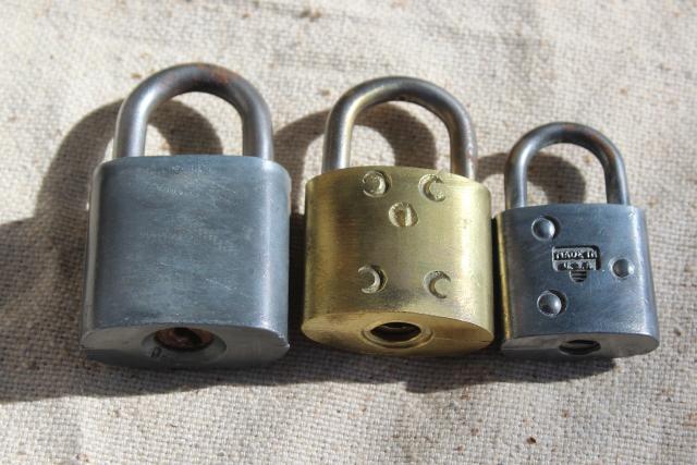 photo of Slaymaker vintage locks collection, brass & steel padlocks locked without keys #2