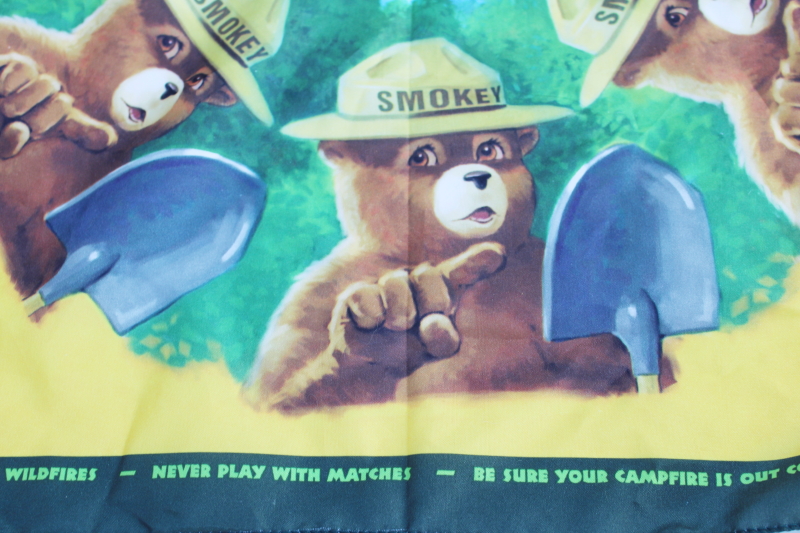 photo of Smokey the Bear print poly bandana head scarf or neckerchief, camp scout style #3