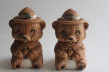 Smokey the Bear vintage ceramic figurine salt and pepper shakers set 