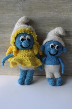 catalog photo of Smurf & Smurfette vintage handmade crochet dolls 