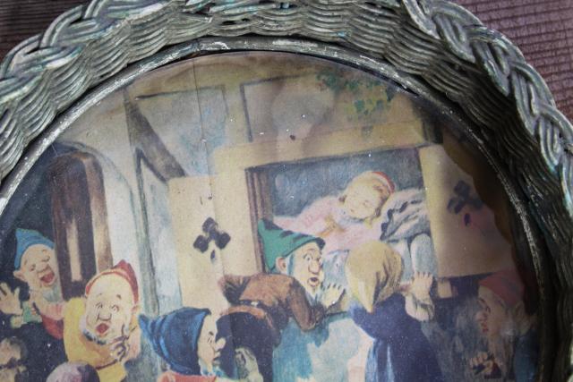 photo of Snow White & the Seven Dwarfs picture print under glass, wicker tray vintage Germany #2