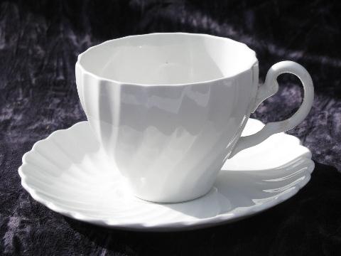 photo of Snowhite Regency, vintage Johnson Brothers white swirl ironstone china, cups & saucers #2