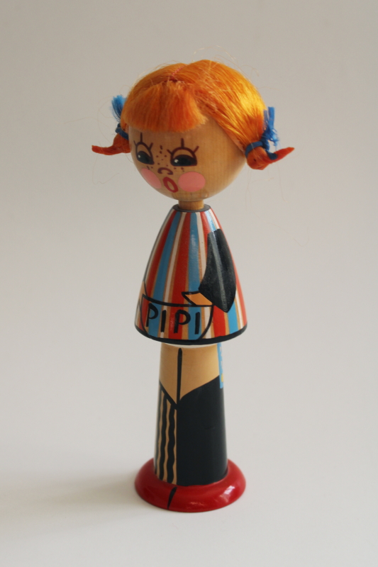 photo of Soviet era USSR Russian carved wood doll figurine vintage Pippi Longstocking #1