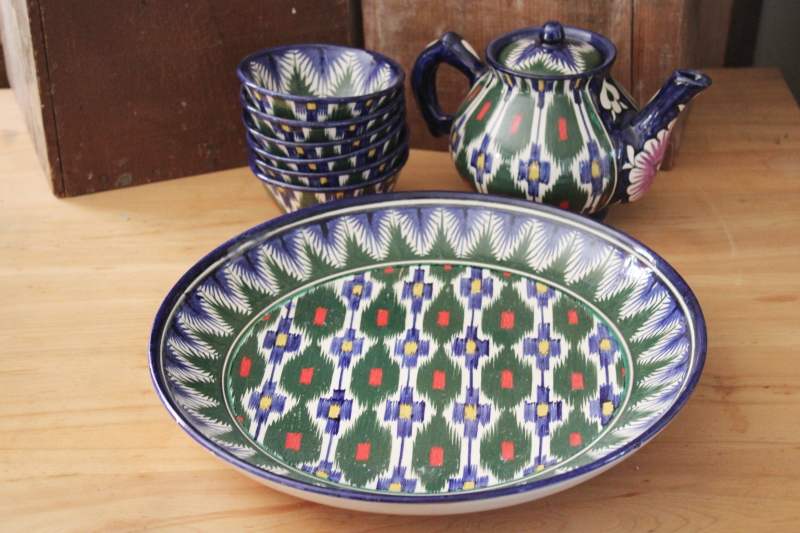 photo of Soviet era vintage Uzbekistan ethnic folk art colorful hand painted pottery tea set pot w/ bowls #2