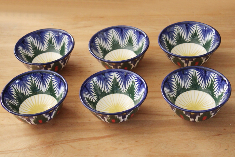 photo of Soviet era vintage Uzbekistan ethnic folk art colorful hand painted pottery tea set pot w/ bowls #6