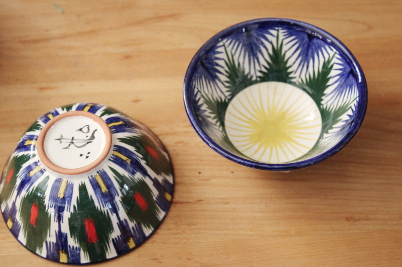 photo of Soviet era vintage Uzbekistan ethnic folk art colorful hand painted pottery tea set pot w/ bowls #7