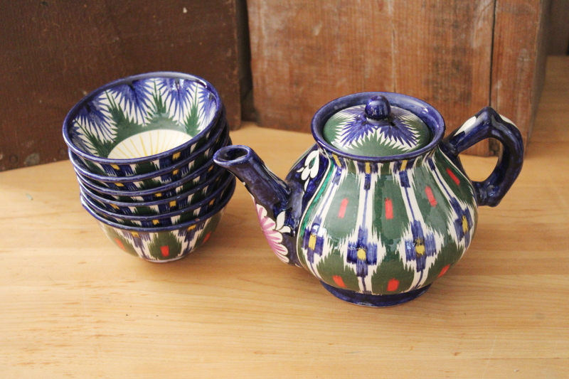 photo of Soviet era vintage Uzbekistan ethnic folk art colorful hand painted pottery tea set pot w/ bowls #10