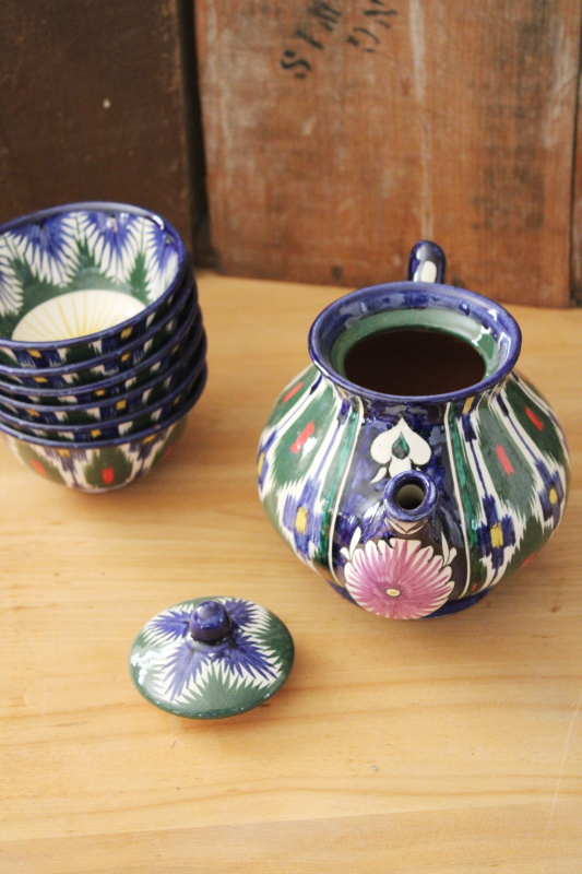 photo of Soviet era vintage Uzbekistan ethnic folk art colorful hand painted pottery tea set pot w/ bowls #11