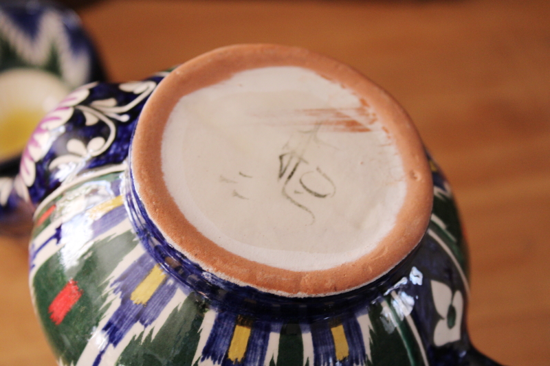 photo of Soviet era vintage Uzbekistan ethnic folk art colorful hand painted pottery tea set pot w/ bowls #13