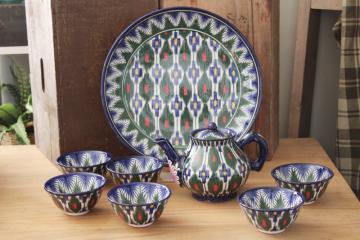 catalog photo of Soviet era vintage Uzbekistan ethnic folk art colorful hand painted pottery tea set pot w/ bowls