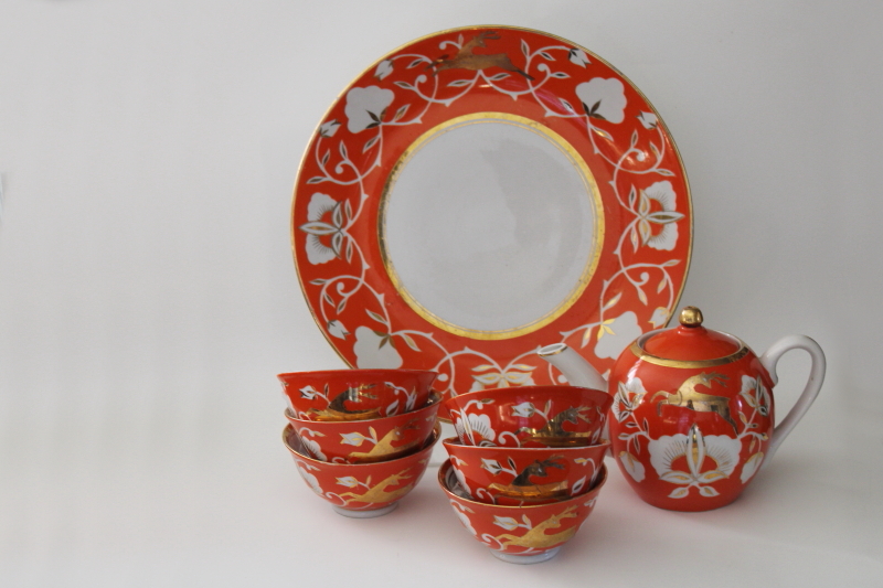photo of Soviet era vintage Uzbekistan folk art hand painted pottery tea set pot w/ bowls orange & gold deer #1