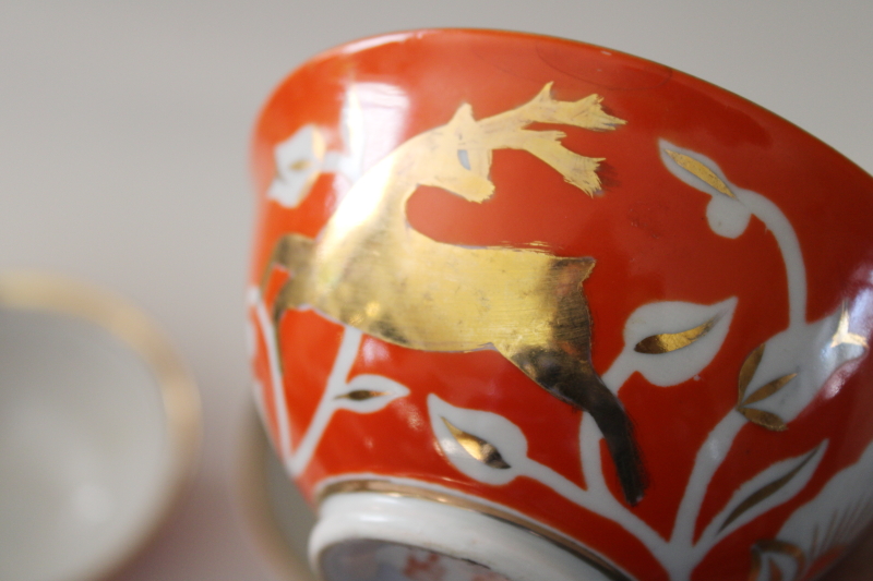 photo of Soviet era vintage Uzbekistan folk art hand painted pottery tea set pot w/ bowls orange & gold deer #4