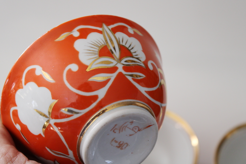 photo of Soviet era vintage Uzbekistan folk art hand painted pottery tea set pot w/ bowls orange & gold deer #5
