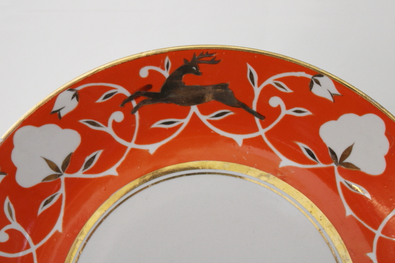photo of Soviet era vintage Uzbekistan folk art hand painted pottery tea set pot w/ bowls orange & gold deer #8