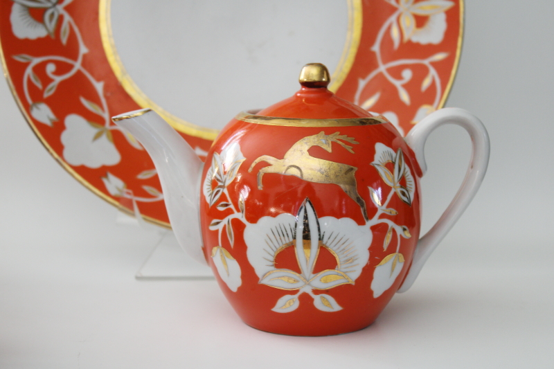 photo of Soviet era vintage Uzbekistan folk art hand painted pottery tea set pot w/ bowls orange & gold deer #9
