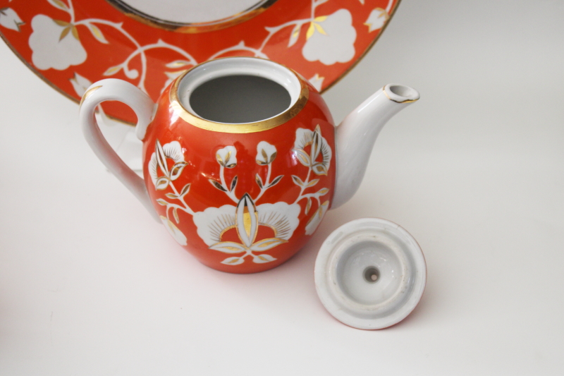 photo of Soviet era vintage Uzbekistan folk art hand painted pottery tea set pot w/ bowls orange & gold deer #10