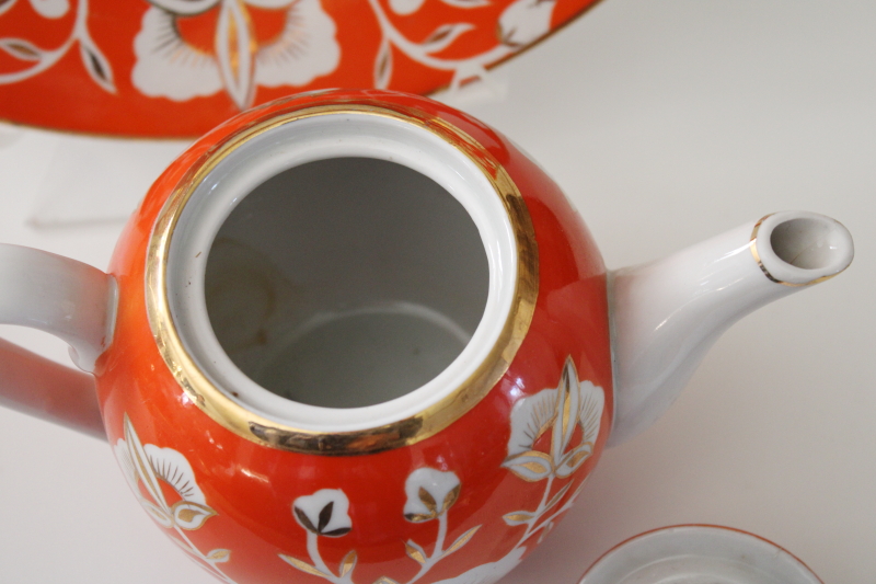 photo of Soviet era vintage Uzbekistan folk art hand painted pottery tea set pot w/ bowls orange & gold deer #11