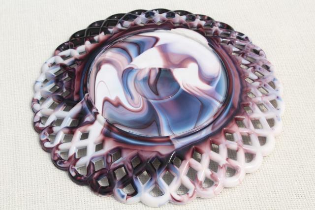 photo of Sowerby or Imperial vintage purple slag art glass open lace lattice edge plates #6