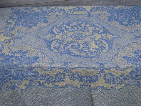 photo of Spain blue & yellow cotton jacquard woven bed cover, vintage bedspread #1
