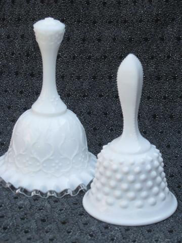 photo of Spanish Lace silver crest & hobnail milk glass, Fenton table bells #1