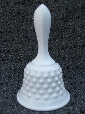 photo of Spanish Lace silver crest & hobnail milk glass, Fenton table bells #2