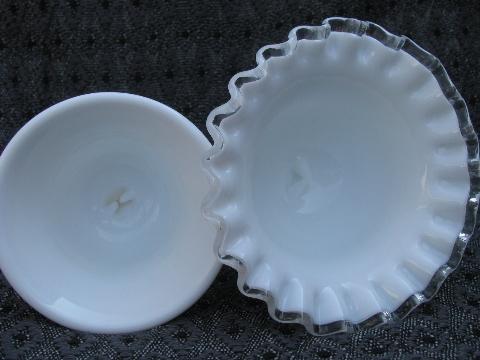 photo of Spanish Lace silver crest & hobnail milk glass, Fenton table bells #4