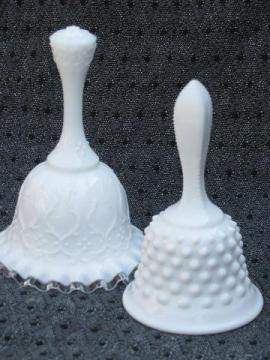 catalog photo of Spanish Lace silver crest & hobnail milk glass, Fenton table bells