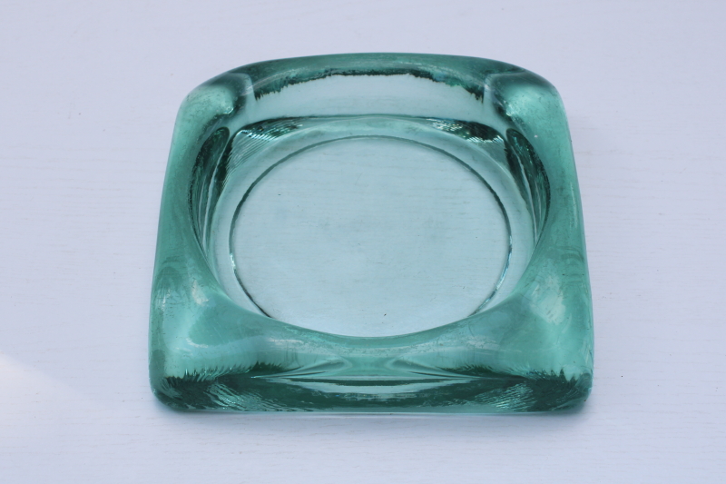 photo of Spanish green recycled glass ashtray, big heavy art glass ashtray w/ mod square shape #1