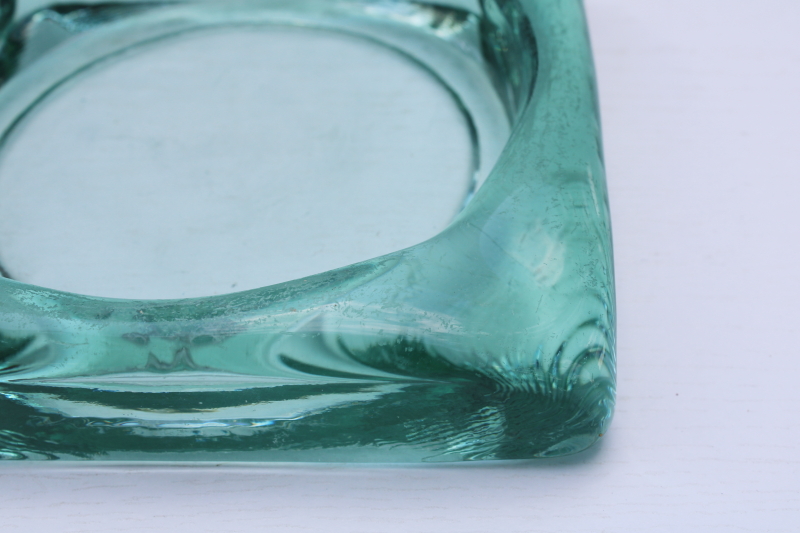 photo of Spanish green recycled glass ashtray, big heavy art glass ashtray w/ mod square shape #2