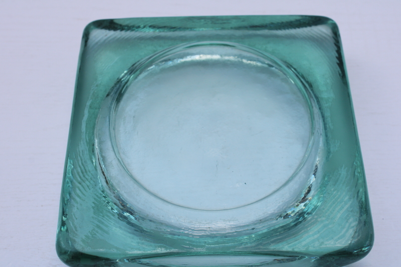 photo of Spanish green recycled glass ashtray, big heavy art glass ashtray w/ mod square shape #4