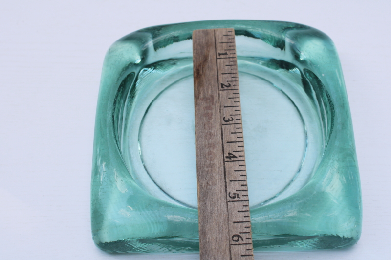 photo of Spanish green recycled glass ashtray, big heavy art glass ashtray w/ mod square shape #5